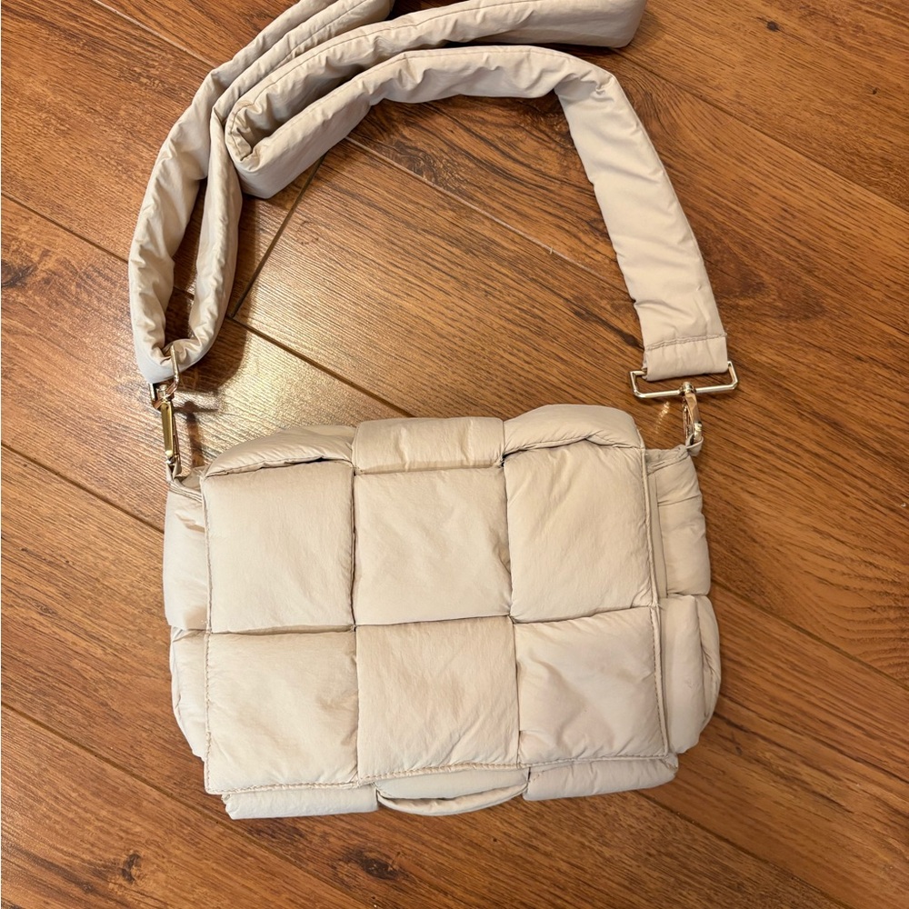 Cream Beige Woven Quilted Puffer Crossbody Bag
